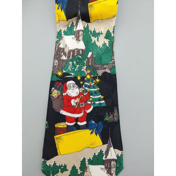 Christmas Holiday Mens Neck Tie 100% Silk Santa Bringing Gifts Black Background - Picture 4 of 6